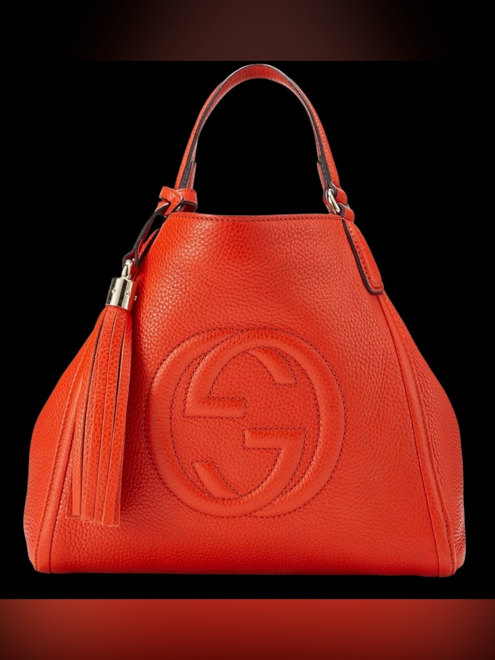 Gucci Red-Orange Pebbled Leather Shoulder Bag with Tassel